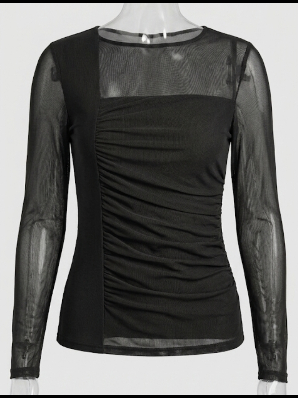 ​🖤 DKNY Asymmetric Ruched Mesh Top ​Stunning vintage-inspired DKNY long sleeve